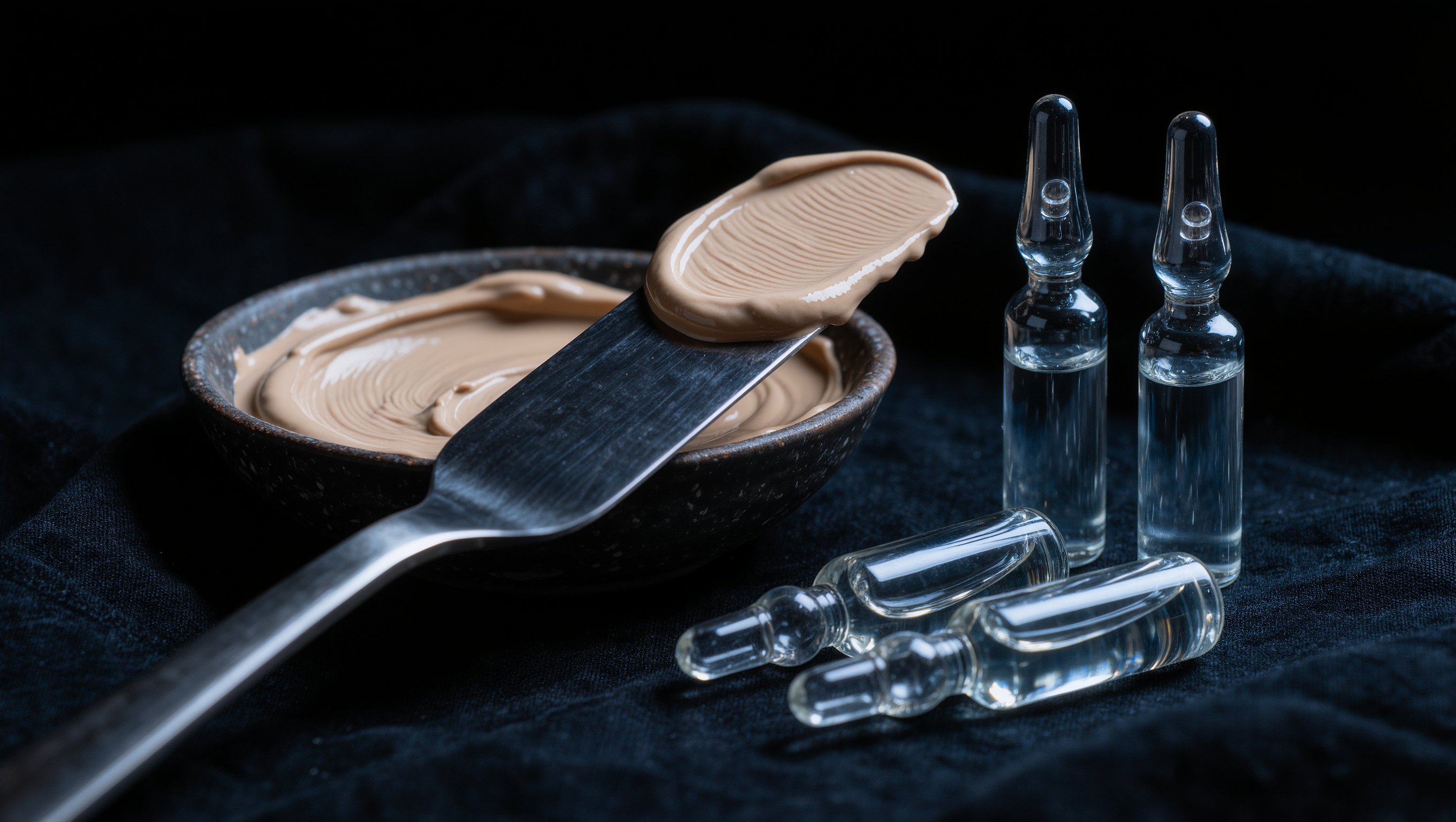 Cremige Maske auf einem flachen Spatel, drei Glasampullen daneben auf dunklem Tuch